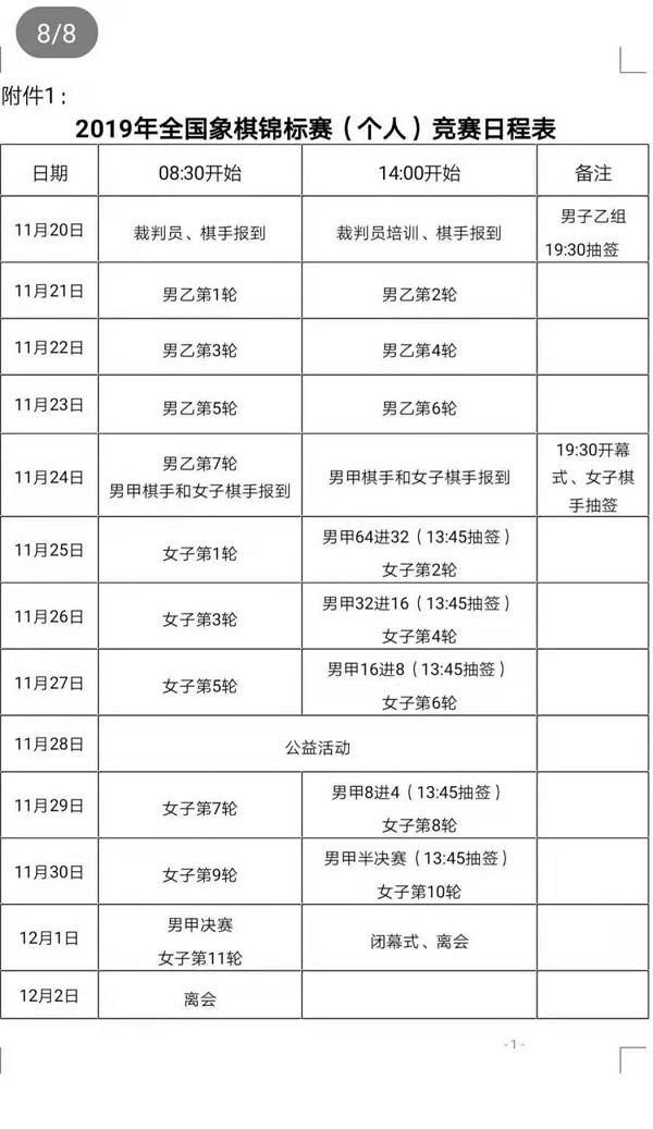 2019年全国象棋个人赛甲组比赛时间表 2019年全国象棋个人赛甲组比赛时间表